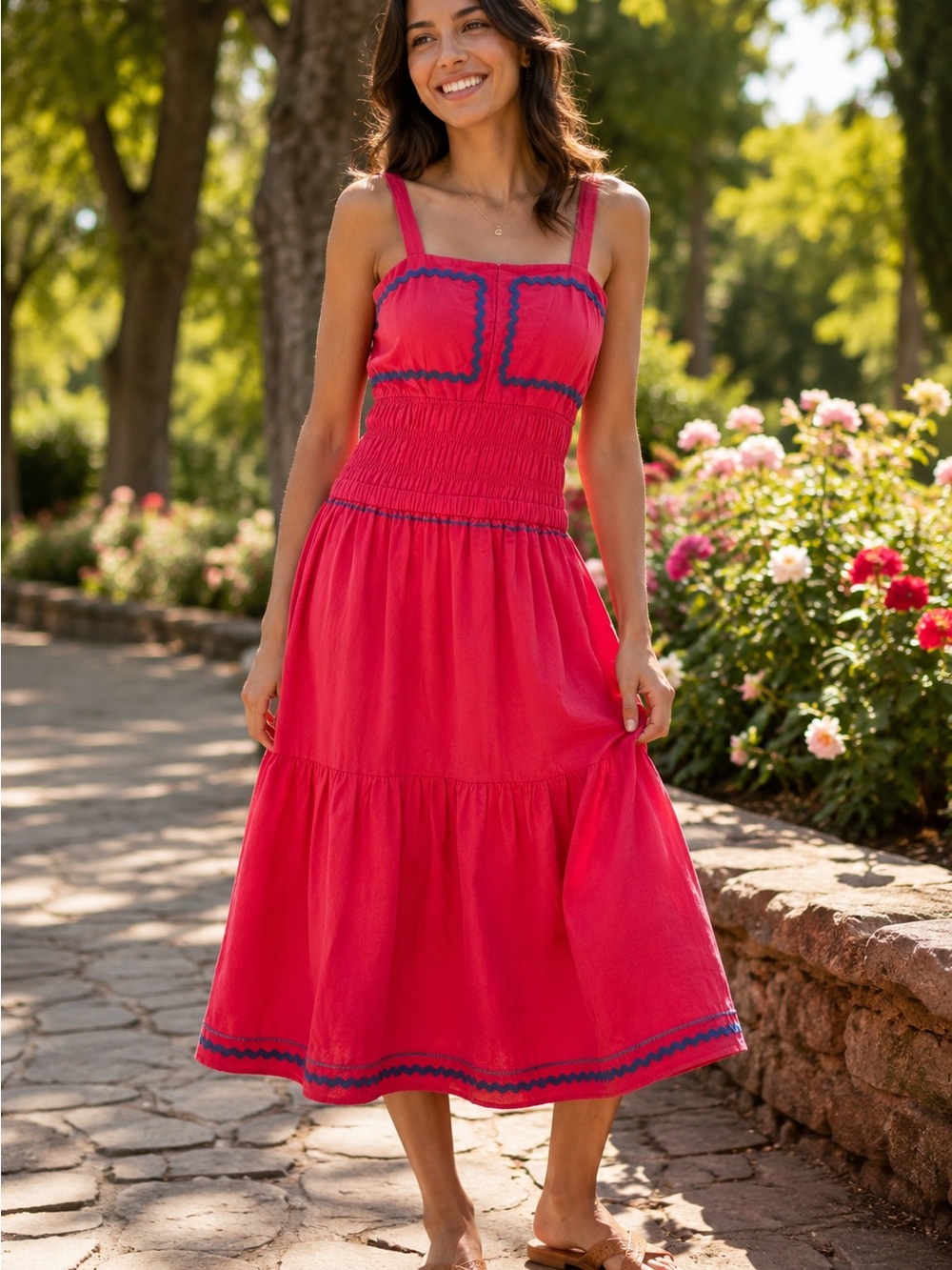 Eche Pink Blue Woven Cotton Linen Square Neck Ric-rac Smocked Midi Sundress XS